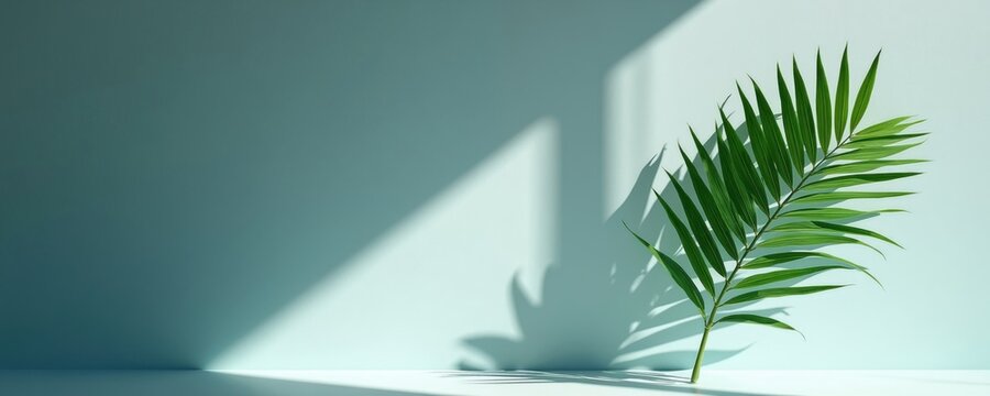 Green palm leaf casts sharp shadow on light blue wall. Botanical plant branch creates dark silhouette patterns in bright sun light. Minimalist studio background provides clean surface for product