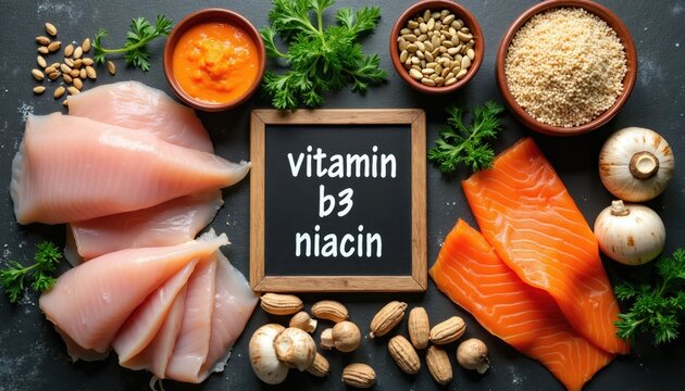 Raw chicken breast fillet, fresh salmon steak slices arranged with mushrooms peanuts brown rice, herbs on dark background. Chalkboard sign shows text vitamin b3 niacin. Nutritious food ingredients