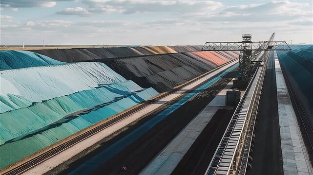 Futuristic landscape of multicolored a open cast mine. Industrial landscape. Heavy industry from above. Aerial view.
