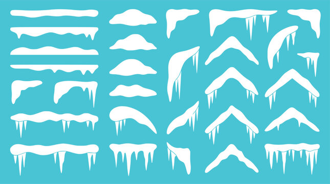 Winter snow and icicle elements for design overlays on a blue background with clean lines
