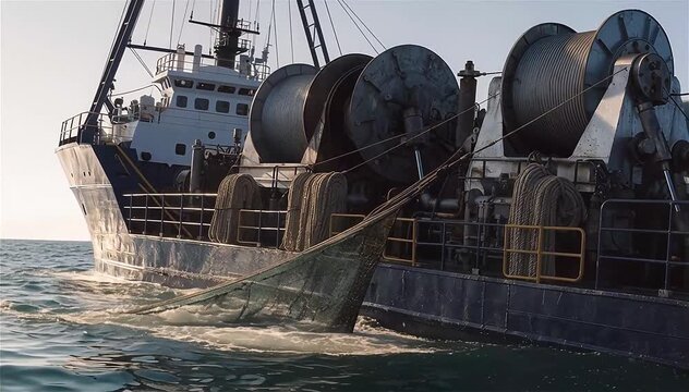 Machines Work on Commercial Fishing Ship that Pulls Trawl Net.
