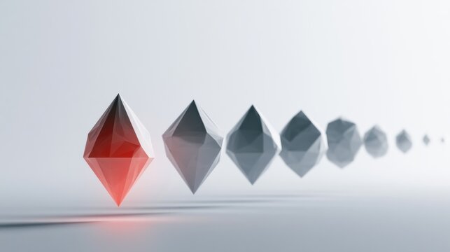Low Poly Geometric Shapes Fall in Sequence With a Glowing Red Shape Triggering Gray Shapes in a Cascade Failure Concept on a White Background