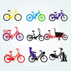 Fototapeta premium Colorful Collection of Bicycle Silhouettes: Urban Commute, Retro Style, and Family Transport