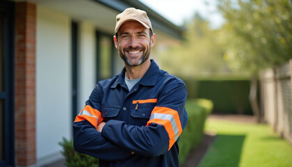 Fototapeta premium Happy handsome electrician man standing outdoors near residential house. Pro repair worker wearing uniform with orange reflective stripes poses with arms crossed. Skilled maintenance technician