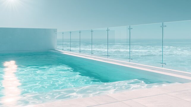 Bright modern pool with glass fence by ocean.