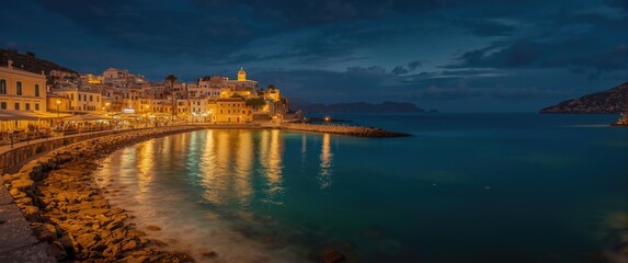 Naklejka premium Coastal Town Illuminated at Night with Reflections on Water