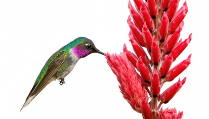 Fototapeta premium Hummingbird Feeding on Bright Red Flower Isolated on White