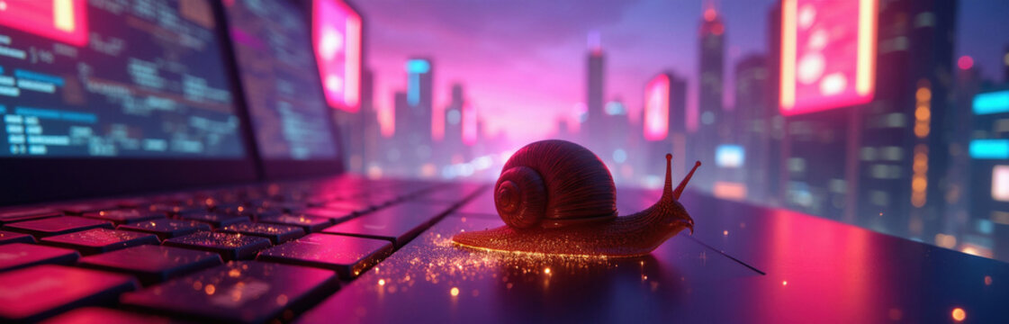 Snail crawls slowly across dark laptop keyboard in neon city lights background. Cyberpunk night urban environment reflects on computer device surface. Concept illustrates internet connection delay
