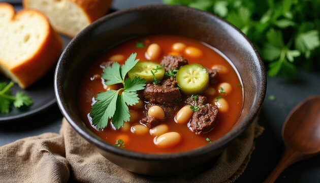 Hot beef, white bean soup sits in dark ceramic bowl. Thick stew contains chunks of meat plus sliced pickles, fresh parsley garnish. Crusty bread slices rest nearby on black table. Rustic homemade