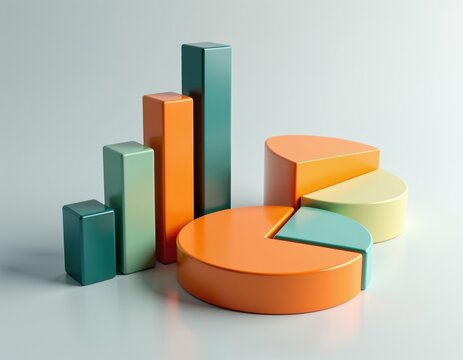 Three dimensional bar graph, pie chart show financial data. Colorful geometric shapes display business statistics, growth trends. Modern creative illustration represents numerical information for