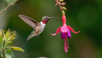 Fototapeta premium Hummingbird hovering near a vibrant pink flower