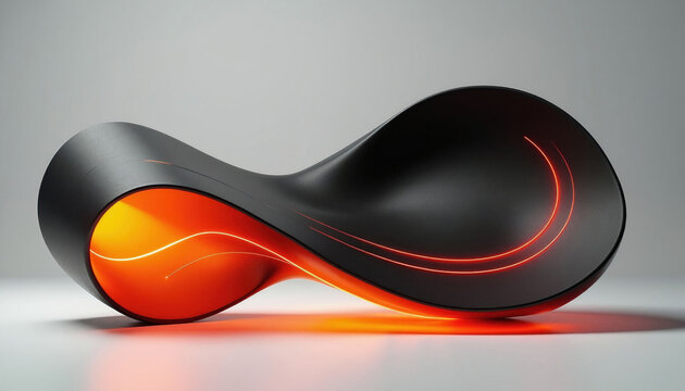Abstract black sculpture features orange glowing wave lines. Modern art object smooth curved shape with futuristic light effect. Stylish decorative installation rests on plain white surface.