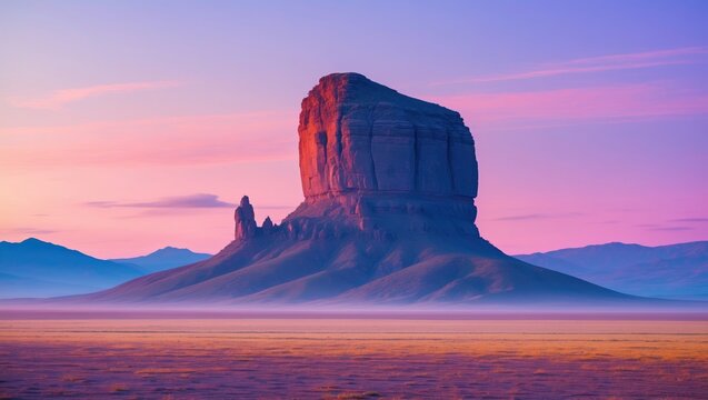 Shiprock, the prominent volcanic rock mountain in the desert plane of New Mexico, USA
