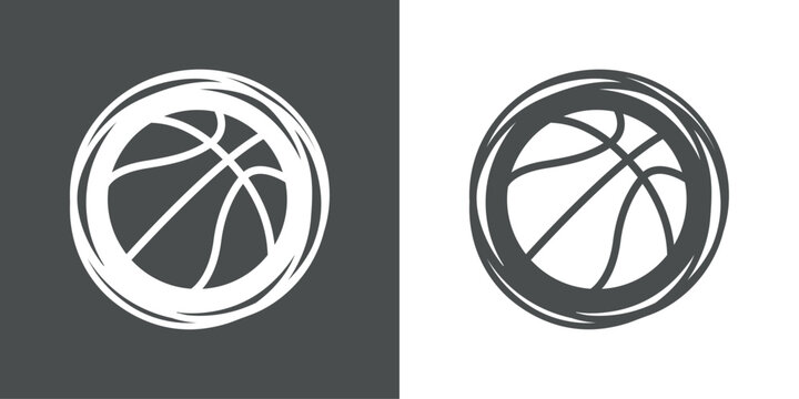 Logotipo con dibujo sencillo de la silueta de una pelota de baloncesto en el interior de un c&iacute;rculo con l&iacute;neas en colores gris y blanco 