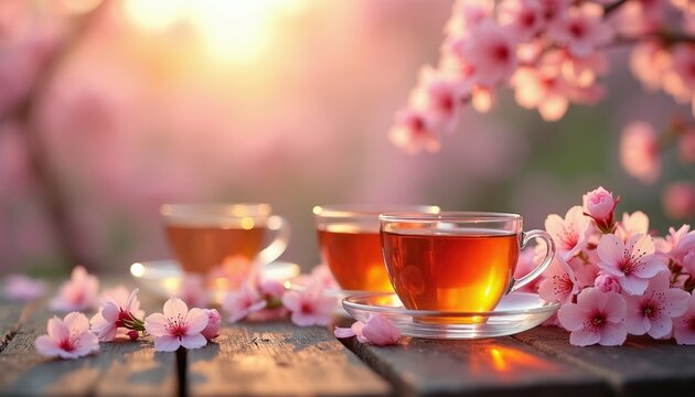 Two cups of tea sit on rustic wooden table surrounded by delicate pink cherry blossoms. Gentle sunlight filters through branches, creating warm, serene atmosphere for peaceful spring morning beverage.