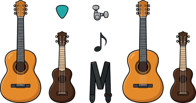 Acoustic Guitar and Ukulele Musical Instrument Vector Icon Set Featuring String Guitars Uke Pick Tuning Peg Strap and Music Note Elements