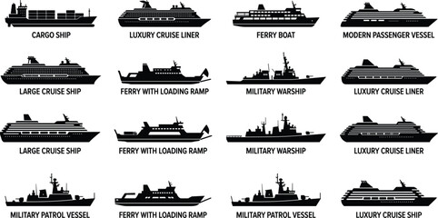 Ships silhouettes set including cargo vessel cruise liner military warship and ferry boat vector vector graphic design © Afroja
