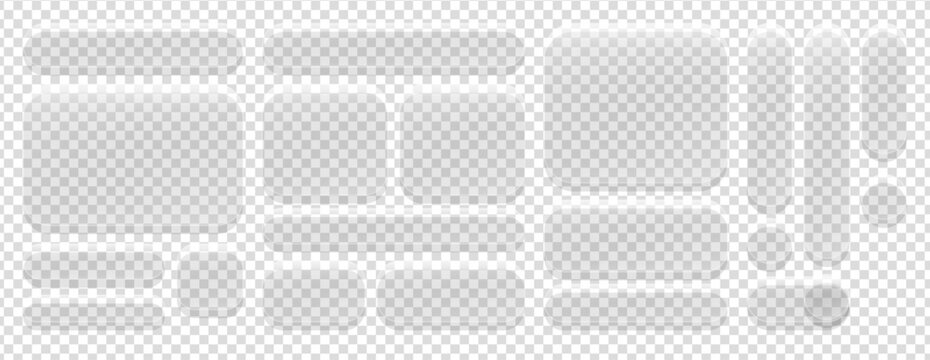 transparent glass panel set. frosted glassmorphism shape collection with rounded rectangles and bars. glossy clear design elements on transparent background. modern flat glass illustration
