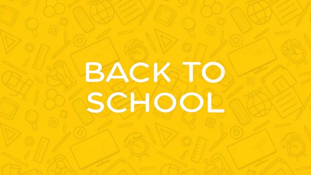 Abstract hand drawn line art school supply doodle horizontal banner with Back to School text on yellow background