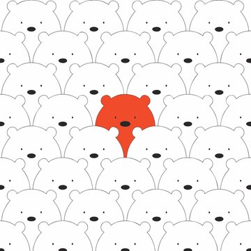 Seamless pattern of white polar bears with one unique red bear standing out