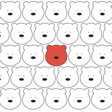 Seamless pattern of white polar bears with one unique red bear standing out