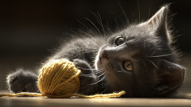 Adorable gray kitten playfully chasing a strand of yarn under bright soft lighting, set against a clean minimal background with crisp high-resolution detail.
