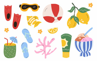 Summer Vacation Travel Clipart Element Set, Flat Cute Beach Vector Illustration with Pineapple Drink, Ice Cream, Sunblock, Lemon, Coral, Flip Flops, Sunglasses, Beach Ball © Sinta Alfa
