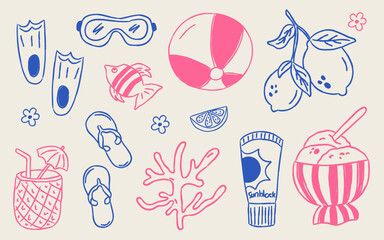 Hand Drawn Summer Beach Element Clipart Set, Cute Line Art Doodles with Pineapple Drink, Ice Cream, Sunblock, Lemon, Coral, Flip Flops, Sunglasses, Beach Ball, Vector Icon © Sinta Alfa