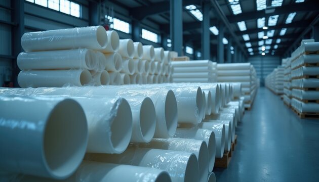 White PVC pipes stacked in large modern industrial warehouse facility. Rows of plastic plumbing tubes store on pallets under indoor ceiling lights. Distribution center maintains organized inventory
