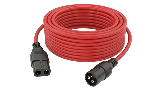Red electrical extension cord coil with black power connectors isolated on transparent background.