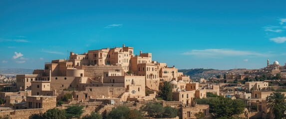 Fototapeta premium Historic Desert Village Landscape - Panoramic View, Clear Blue Sky, Warm Lighting