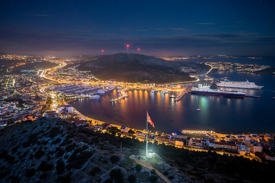 Cesme Town drone night view in Turkey
