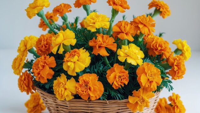Orange Marigold Flowers In Bamboo Basket Called Puja Phool Ki Tokri Or Dalia For Decoration And Offering To Hindu God During Festivals viz. Shubh Deepawali, Dussehra, Navratri, Durga Pooja Etc.