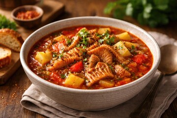 Fototapeta premium Delicious Seafood Soup with Vegetables and Fresh Herbs in a Rustic Bowl