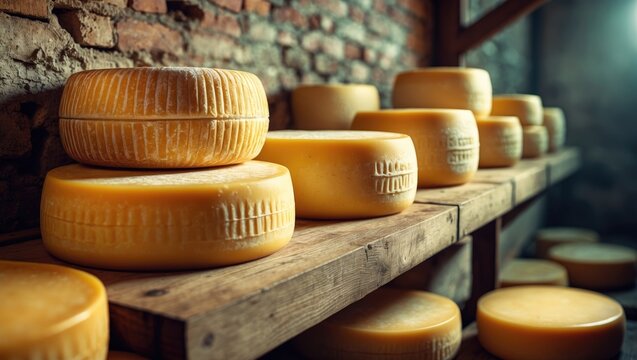 Whole wheel cheese displayed on shelves originating from the Netherlands.