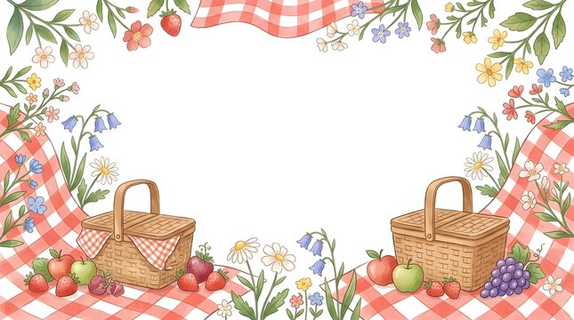 Watercolor picnic border with wicker baskets, red gingham blankets, strawberries, apples, grapes, and wildflowers like daisies and bluebells framing a central white copy space.
