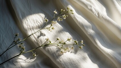 Obraz premium The sharp sunny shadows cast by the dry plant on the linen canvas. Linen napkin. Increasing demand for natural fibers. Black and white.