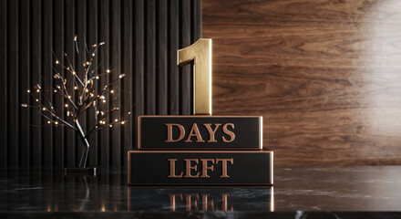Obraz premium One single golden number one sitting atop stacked black rectangular blocks with metallic bronze lettering displaying days left in a luxurious studio setting with warm glowing lights and dark marble