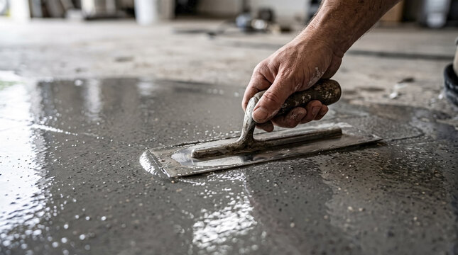 Hand smoothing epoxy compound on concrete floor using metal trowel. Worker applying liquid self leveling epoxy compound with professional tool, spreading evenly.