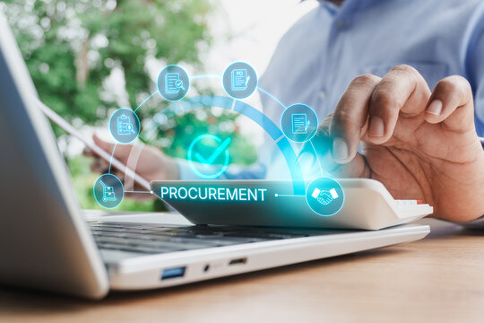Business professional managing digital procurement process using calculator, laptop and business documents with virtual procurement workflow interface, representing purchasing, supplier management