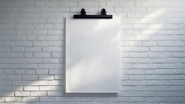 Three blank paper poster mockup displayed on a white brick wall.
