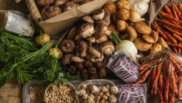Assorted Fresh Vegetables and Mushrooms on a Rustic Table in Natural Light