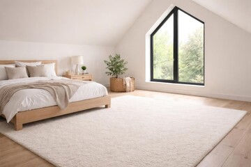 Fototapeta premium Cozy Bedroom Interior with Large Window - Bright Natural Light, Minimalist Design