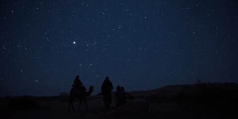 Fototapeta premium Silhouetted Camel Riders Stargazing Under a Starry Night Sky