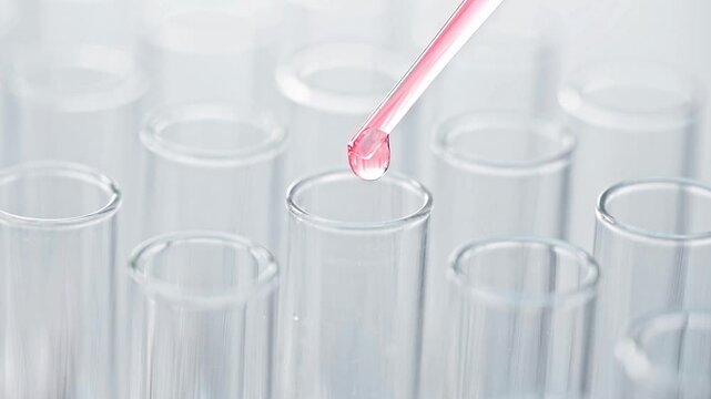 Macro close up of glass pipette dropping clear and pink liquid into test tubes, science laboratory medical research or cosmetic skincare serum test
