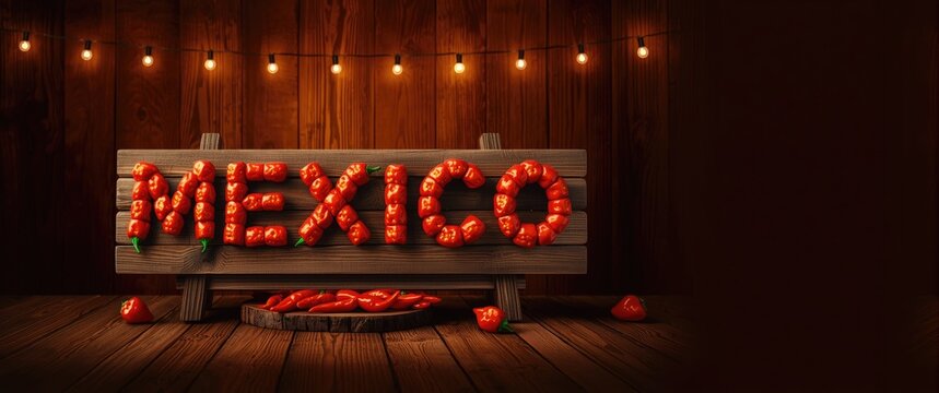 Chili Peppers Forming Mexico Sign on Rustic Wooden Background with String Lights