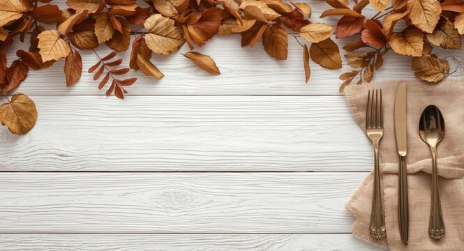 Autumn Leaves Arrangement with Table Setting on White Wooden Surface