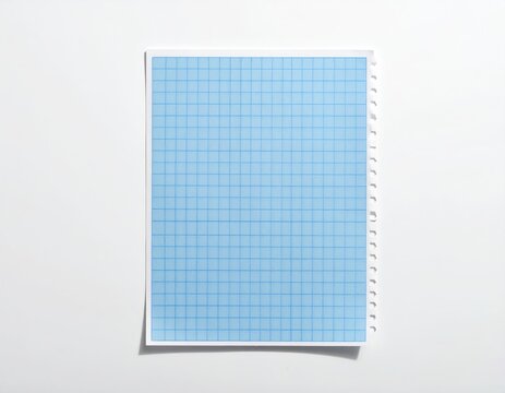 A blue graph paper sheet, torn from a notebook, lies flat on a white surface