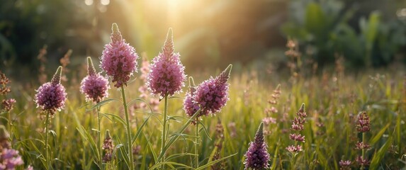 Obraz premium Purple Flowers Blooming in a Meadow during Sunset with Soft Light