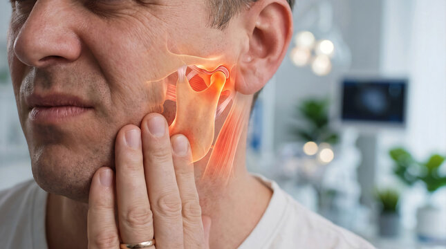 Temporomandibular Joint Pain with TMJ Anatomy Visualization on Male Face Close Up